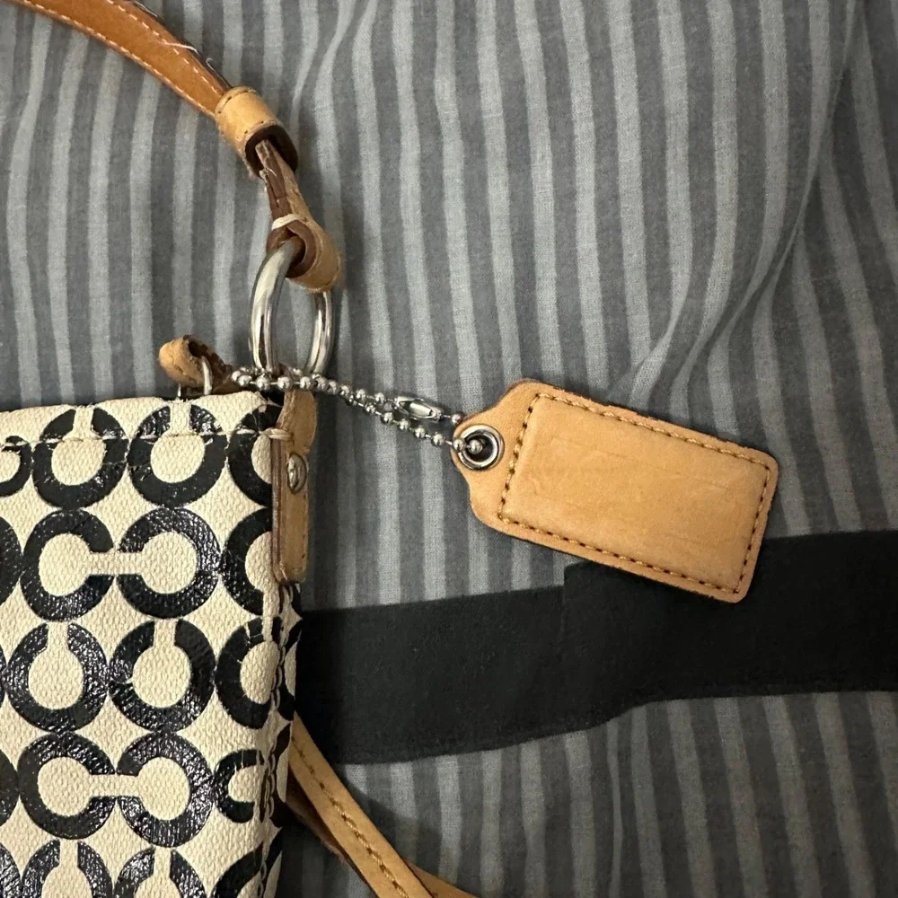 Coach Op Art 'Leah' Coated Canvas Hobo Black Off-White Natural Leather Trim‎ Bag